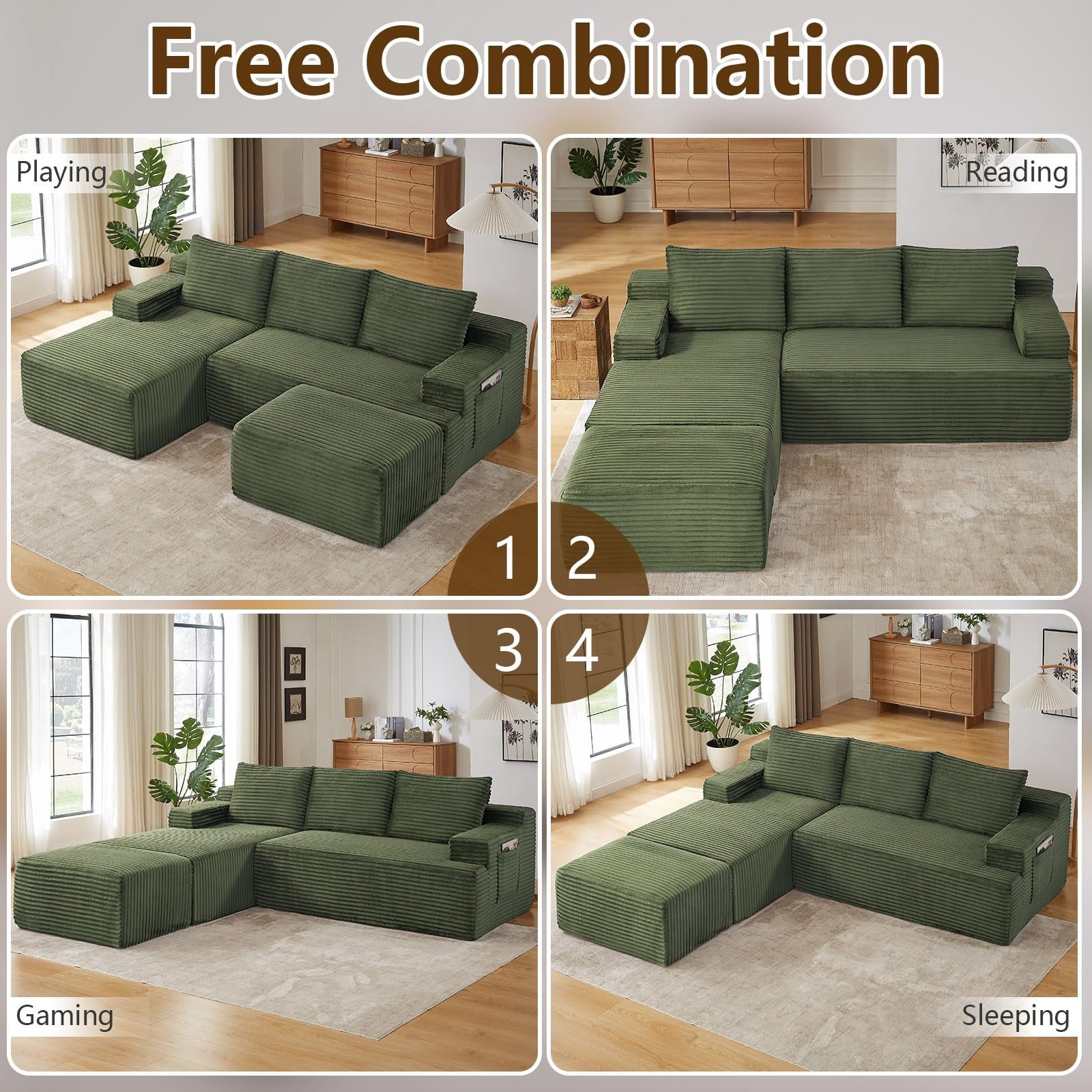 Green Small-3 Seaters Left Chaise+Ottoman-96.1 inch W2339DIY09