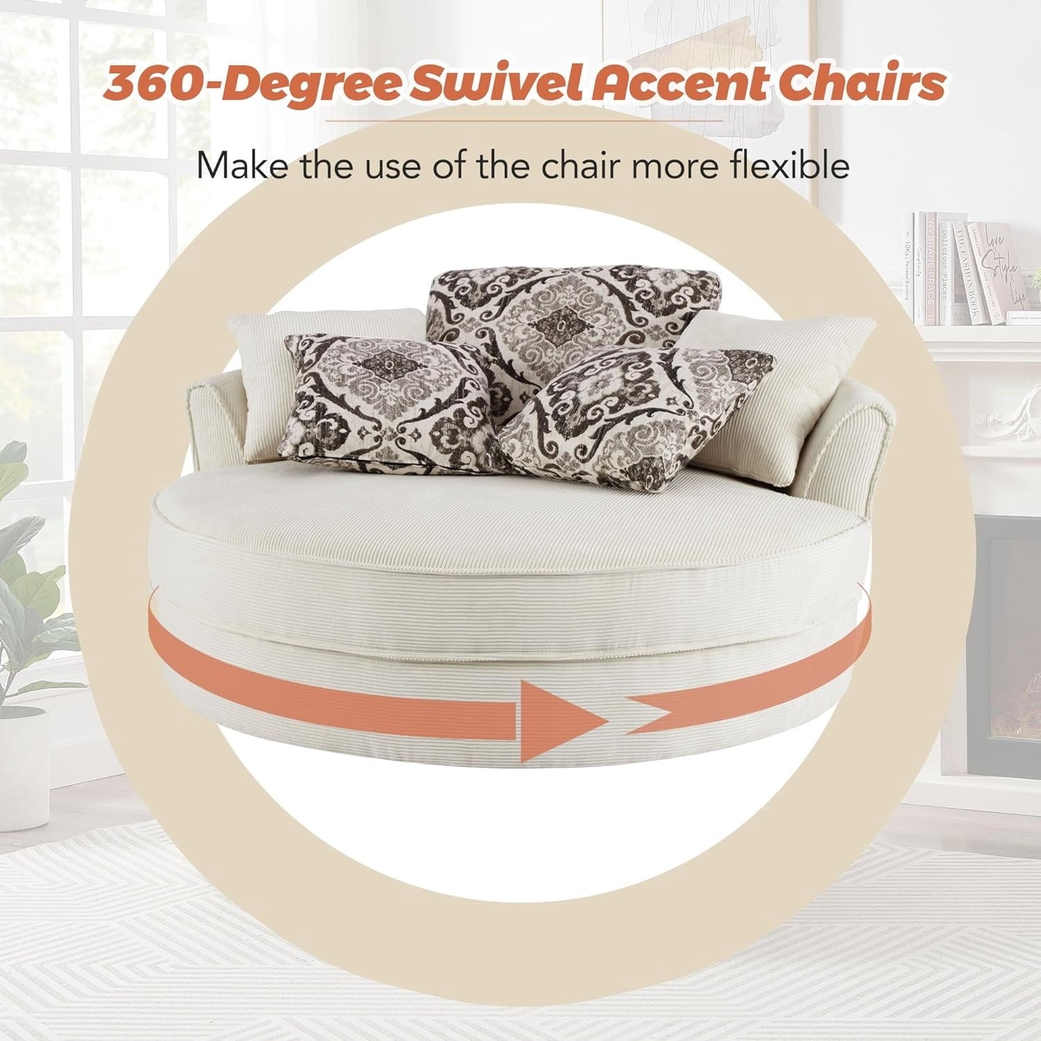 Beige SU-N719-Beige-51.5" Swivel Round Sofa+5 Pillows