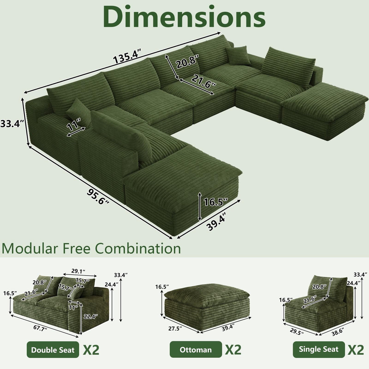 Green U-6 Seater+2 Ottoman W2824DIY151-Z